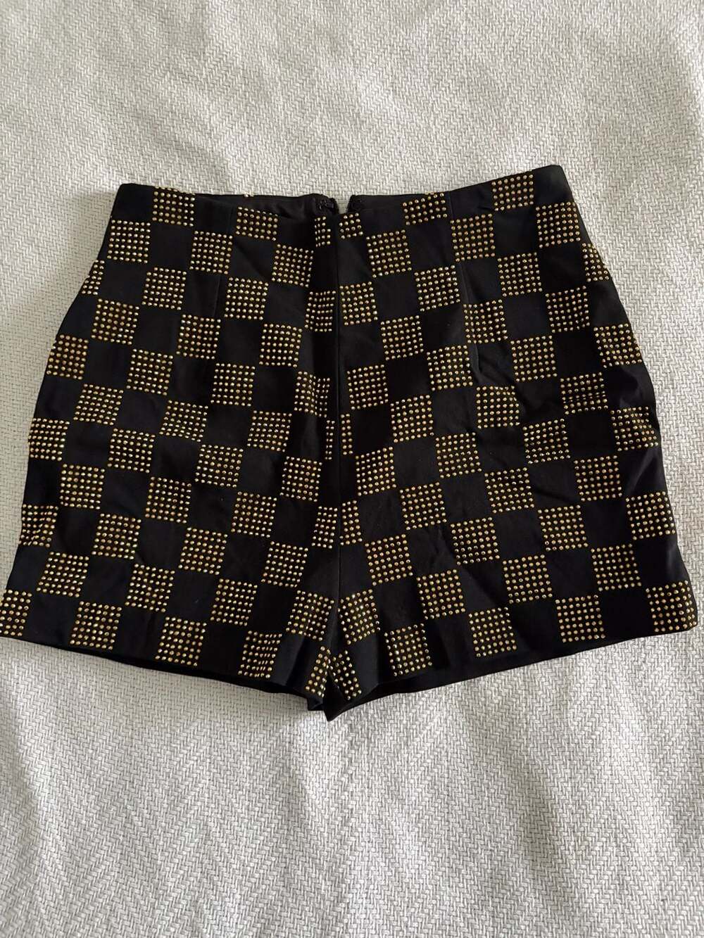 Cloud Ten Black and Gold Studded Checkerboard High-Waisted Shorts